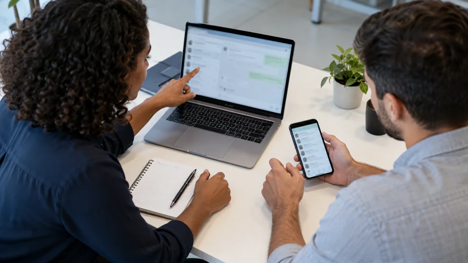 Duas pessoas comparam informações em um notebook e em um smartphone sobre uma mesa de trabalho.