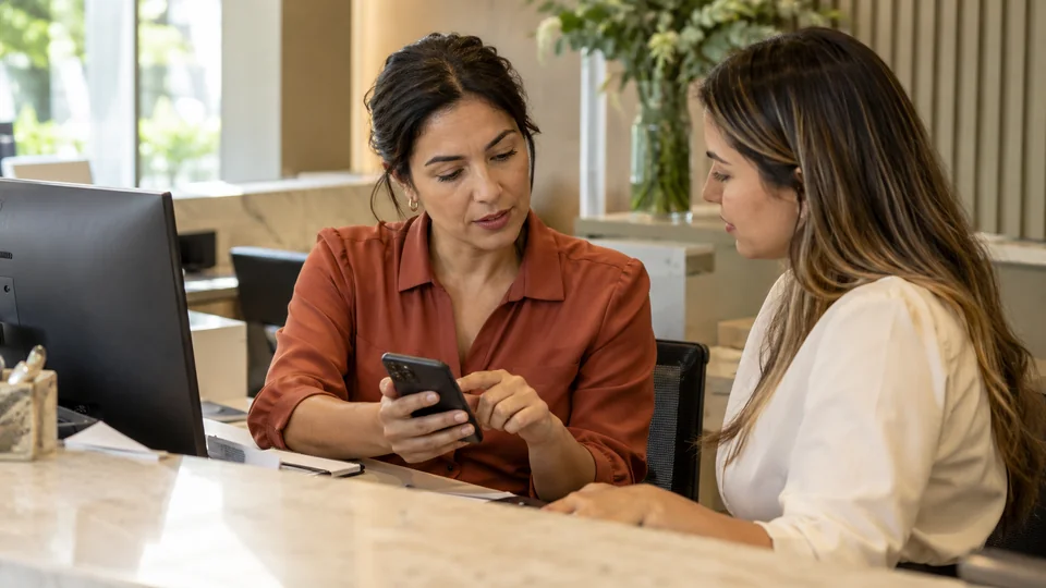 Cuidados com o número corporativo Profissionais de uma recepção analisam o atendimento corporativo pelo celular e pelo computador.