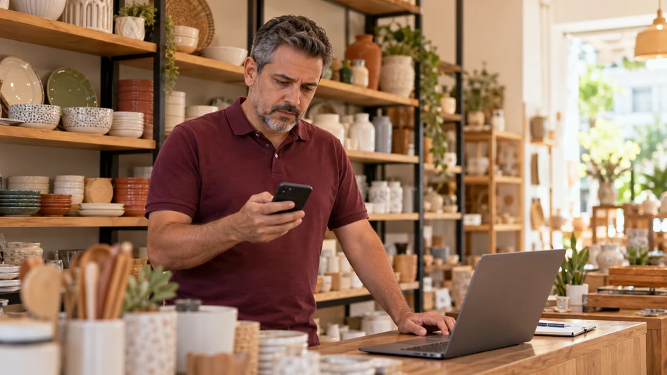Quando o atendimento da empresa é interrompido Comerciante observa o celular com preocupação durante a rotina de atendimento da loja.