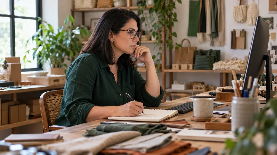 Empreendedora avalia uma ferramenta de atendimento no computador em um pequeno escritório.