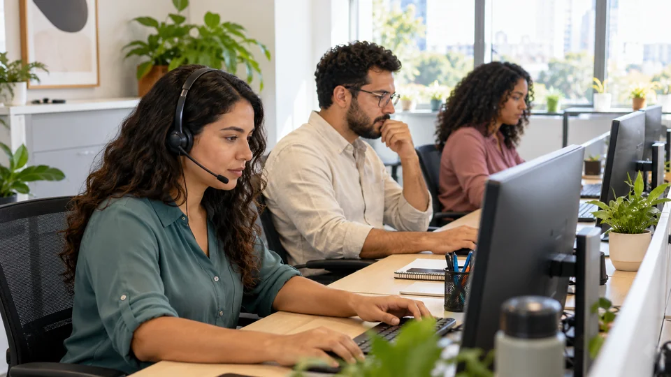 Equipe de três profissionais atende clientes em computadores separados no mesmo espaço de trabalho.