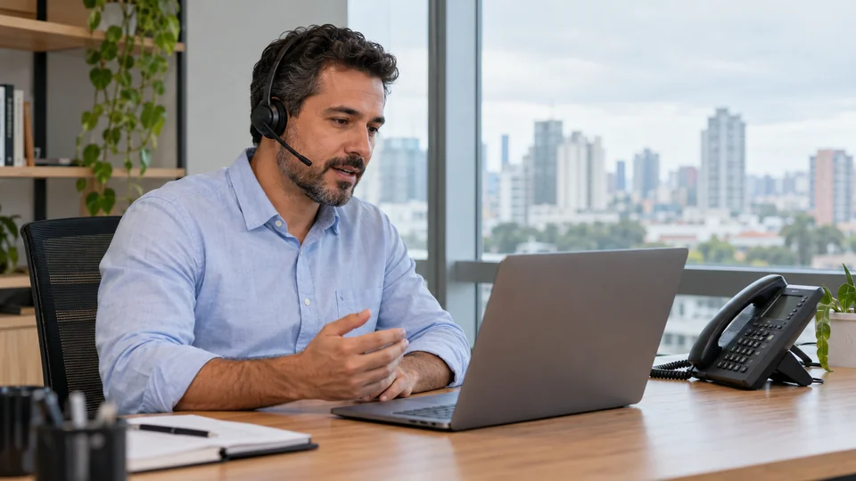 Profissional atende uma ligação com headset em uma mesa de trabalho com telefone e computador.