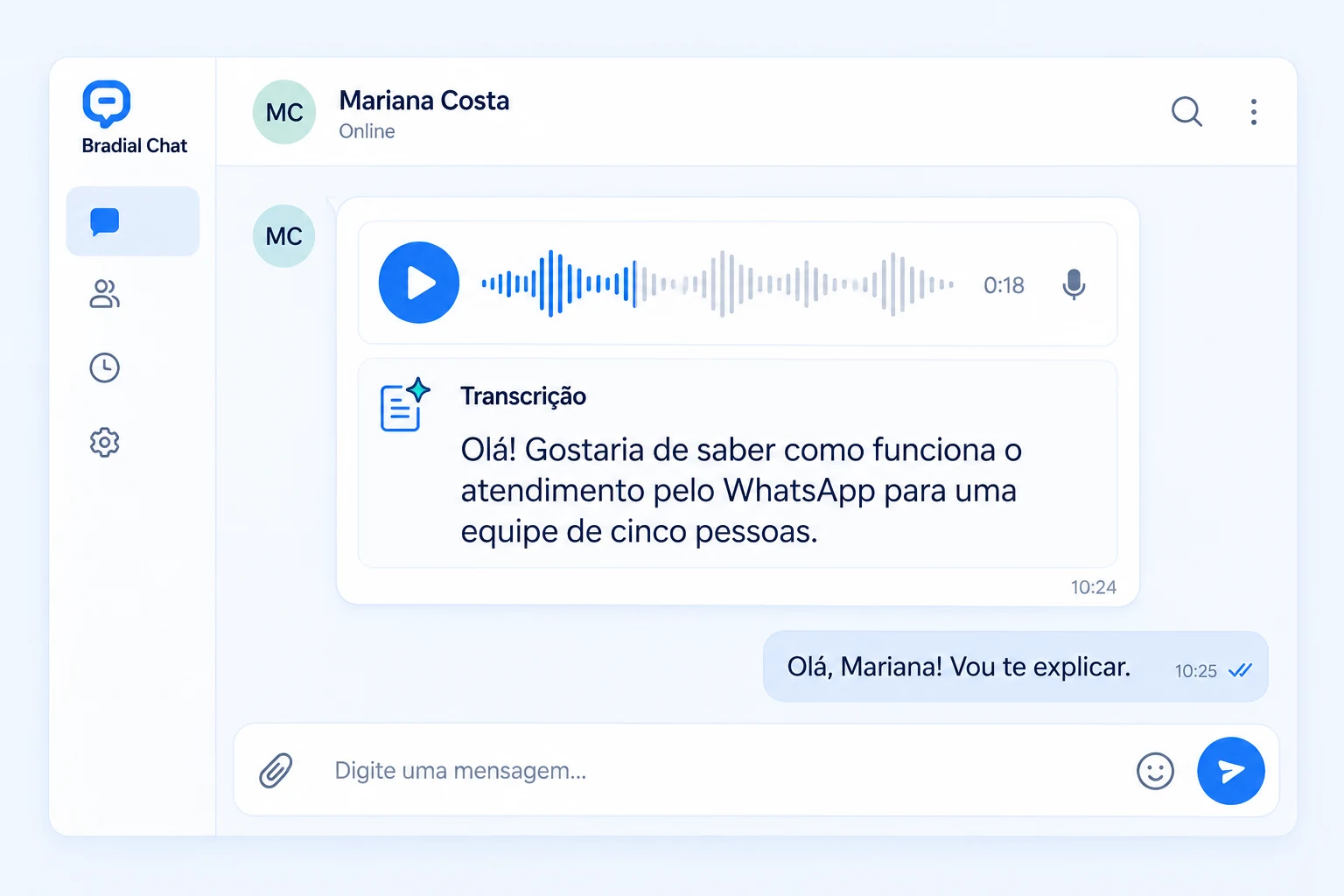 Mensagem de voz recebida com sua transcrição exibida logo abaixo.