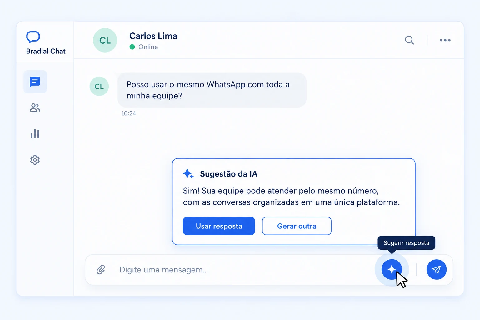 Atendente clica no botão da IA e recebe uma sugestão de resposta para revisar.