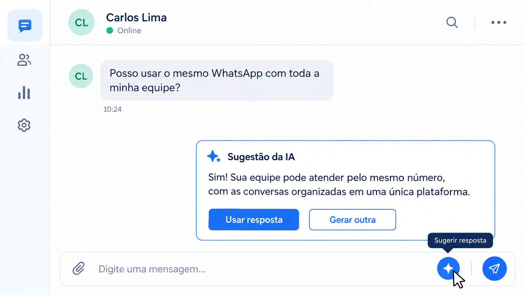 Atendente clica no botão da IA e recebe uma sugestão de resposta para revisar.