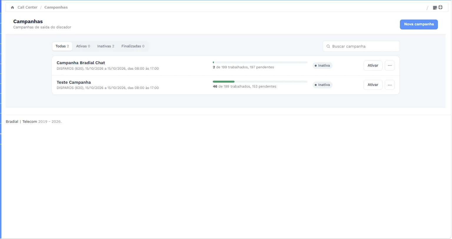 Tela do Bradial Voz: Campanhas