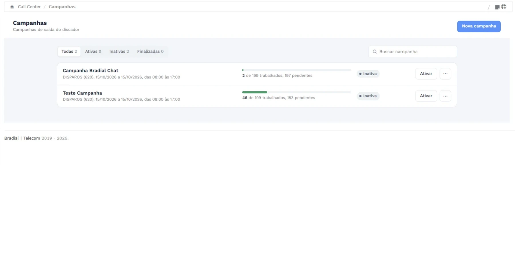 Tela do Bradial Voz: Campanhas