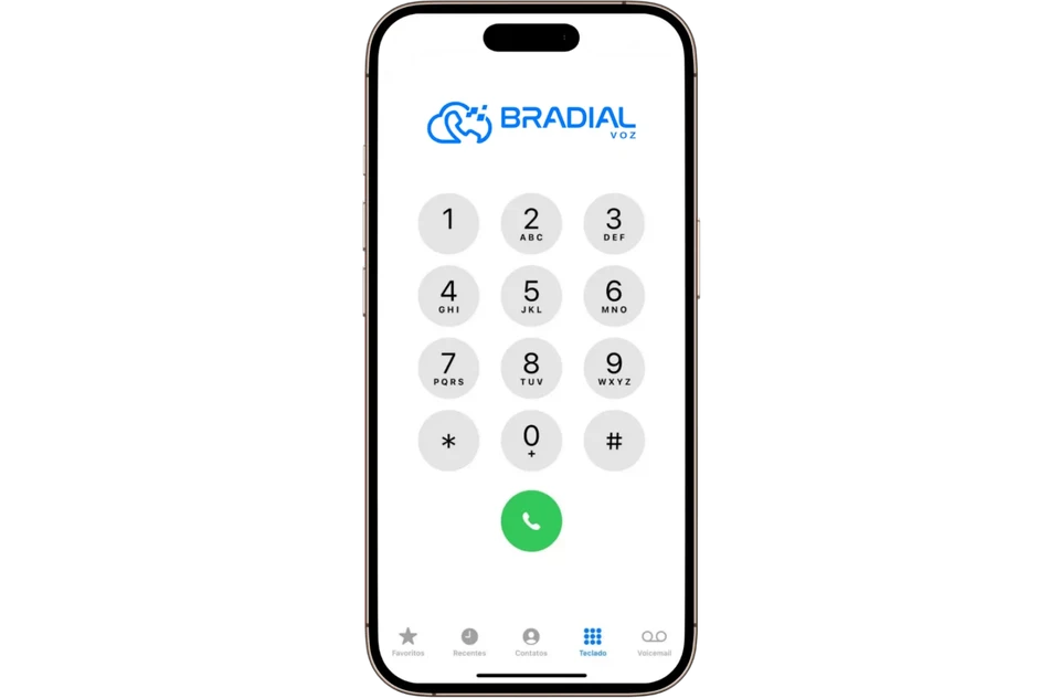 Celular com aplicativo de chamadas e identificação Bradial Voz.