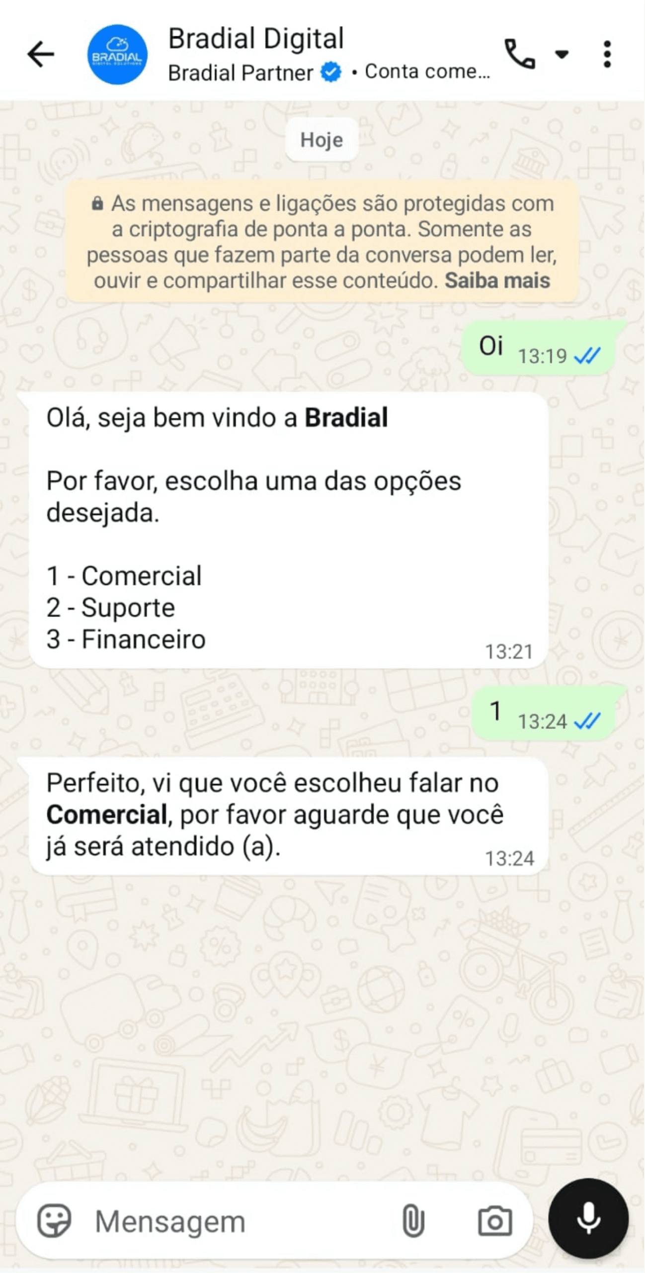 Exemplo de menu do chatbot Bradial exibido no WhatsApp